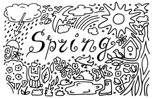 Doodle Spring 矢量素描线条艺术涂鸦卡通集的对象和符号的春天自然主题 白人背景 — 图库矢量图片