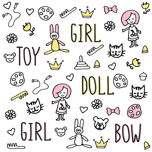 Hand Drawn Set Doodles Girl Toys Elements Doll Dishes Bear — 图库矢量图片