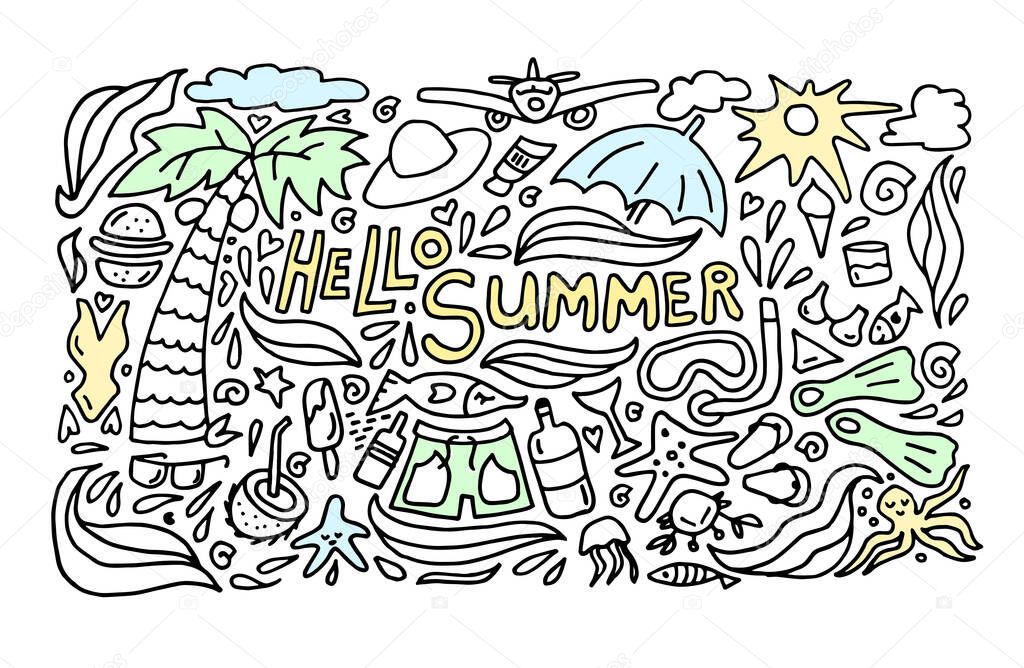 Summer black hand drawn thin line postcard isolated on white background. Seasonal greeting with words Hello Summer. Doodle summer card with swimsuit, glasses, booze, umbrella, airplane, sun, clouds, leaves. Colored Vector illustration