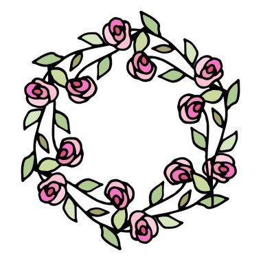 Çiçek çerçevesinin renkli vektör çizimi. Taşralı. El çizimi basit bir çizgi. Siyah felç. Beyaz arka planda izole edilmiş. Fırça. Zarif ve asil. Düğün tasarımı için en iyisi. Davetiye. Boşluğu kopyala