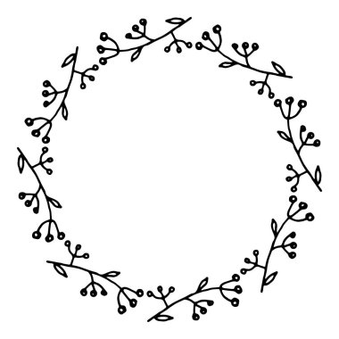 Çiçek çerçevesinin vektör çizimi. Taşralı. El çizimi basit bir çizgi. Siyah felç. Beyaz arka planda izole edilmiş. Zarif ve asil. Düğün tasarımı için en iyisi. Davetiye. Boşluğu kopyala