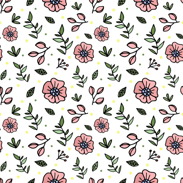 Seamless Pattern Rustic Style Flowers Pink Flowers Green Leaves Creative — Stock Vector