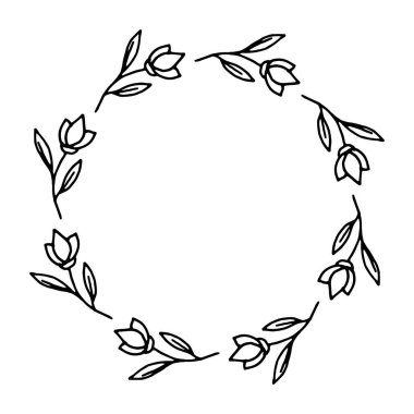 Çiçek çerçevesinin vektör çizimi. Taşralı. El çizimi basit bir çizgi. Siyah felç. Beyaz arka planda izole edilmiş. Zarif ve asil. Düğün tasarımı için en iyisi. Davetiye. Boşluğu kopyala