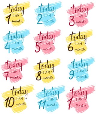 Şirin bebek kilometre taşı kartları. Aylık bebek resmi ve bebek hediye kartı olarak kullanılabilir. Çok güzel bir kilometre taşı kartı koleksiyonu. Beyazda izole edilmiş. Renkli fırça darbeleri. El çizimi harfler.