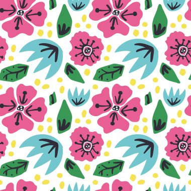 İskandinav tarzı çiçeklerle kusursuz bir desen. Mavi, pembe çiçekler, sarı noktalar, yeşil yapraklar. Yaratıcı bahar çiçeği dokusu. Kumaş ve Tekstil Vektörü İllüstrasyonu için harika
