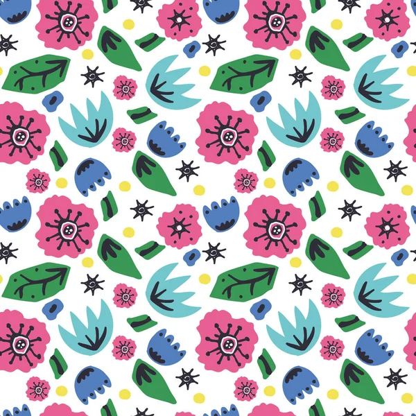 Seamless Pattern Scandinavian Style Flowers Blue Pink Flowers Yellow Dots — Stock Vector