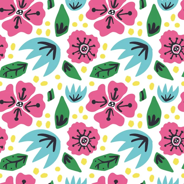 Seamless Pattern Scandinavian Style Flowers Blue Pink Flowers Yellow Dots — Stock Vector