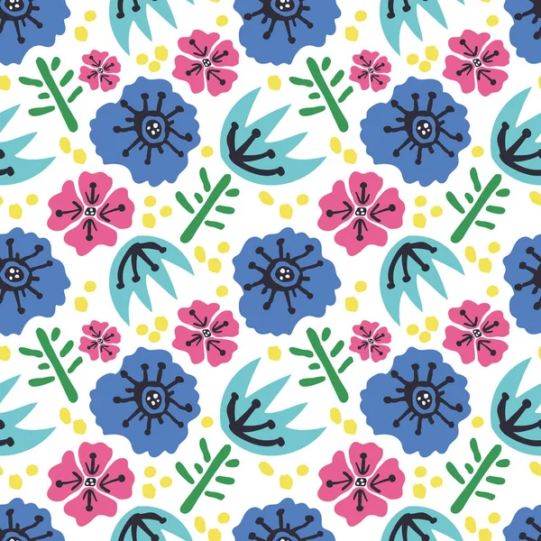 İskandinav tarzı çiçeklerle kusursuz bir desen. Mavi, pembe çiçekler, sarı noktalar, yeşil yapraklar. Yaratıcı bahar çiçeği dokusu. Kumaş ve Tekstil Vektörü İllüstrasyonu için harika