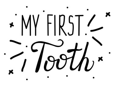 Vektör bebek kilometre taşı kartları. Kaligrafi harfleri. İlk diş alıntım. nokta konfeti ve sevimli yıldızlar. Bebek ve ebeveynler için tebrikler. Beyaz arkaplanda izole