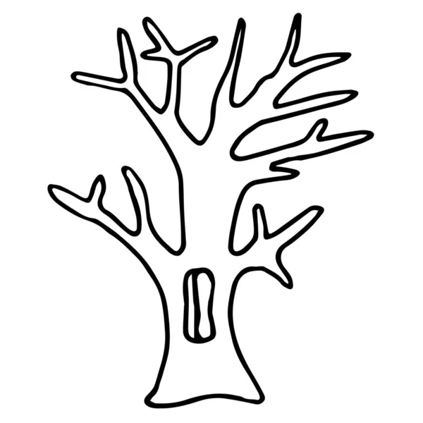 Дерево Рисованных Каракулей Простая Черная Линия Осенний Дуб Летящими Листьями — стоковый вектор