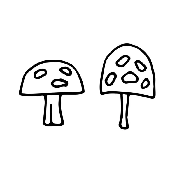 Ensemble Champignons Griottes Dessinés Main Simple Ligne Noire Épaisse Empoisonné — Image vectorielle