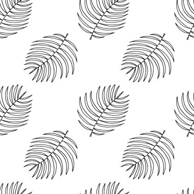 Beyaz arka planda el çizimi palmiye yaprağı olan pürüzsüz bir desen. Vektör çizimi. Yağmur ormanlarının sembolü. Hawaii Yağmur Ormanı Palm Leave.