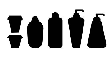 Kozmetik şişe silueti. Siyah çizgi, basit çizgi. Tasarımınız için beyaz arkaplanda vektör illüstrasyonu izole edildi. Sıvı sabun ve şeker kutusuyla birlikte. Losyon, merhem ya da krema için kavanoz.