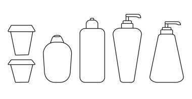 Kozmetik şişe seti. Siyah çizgi, basit çizgi. Tasarımınız için beyaz arkaplanda vektör illüstrasyonu izole edildi. Sıvı sabun ve şeker kutusuyla birlikte. Losyon, merhem ya da krema için kavanoz.