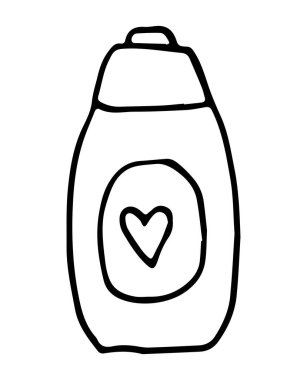 El çizimi beyaz kozmetik şişesi. Siyah çizgi, basit çizgi. Beyaz arkaplanda vektör çizimi izole edildi. Sıvı sabun ve şeker kutusuyla birlikte. Losyon, merhem ya da krema için kavanoz.