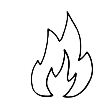 El çizimi karalama ateşi, alev. Basit, kalın siyah çizgi. Doğa tasarımı ve çocuk boyama kitabı için en iyisi. Kamp ve yürüyüş konsepti. Vektör illüstrasyonu beyazda izole edildi.