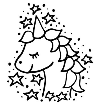 Saçları ve yıldızları olan şirin bir el çizilmiş Unicorn. Güzel bir gülümseme ve kapalı gözler.. 