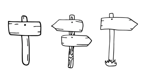 Doodle Signes Bois Flèches Direction Illustration Ensemble Panneaux Bois Panneaux — Image vectorielle