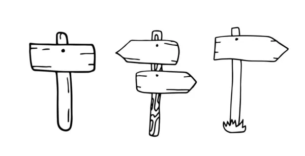 Doodle Wood Signs Direction Arrows Inglés Ilustración Conjunto Paneles Madera — Archivo Imágenes Vectoriales