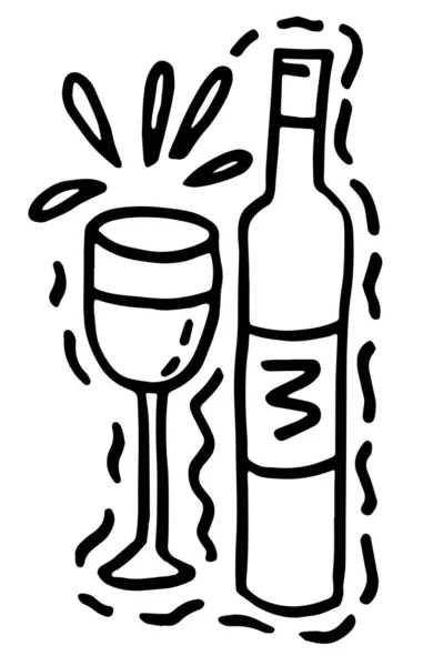Handgezeichnetes Doodle Schwarze Und Weiße Weinflasche Und Glas — Stockvektor