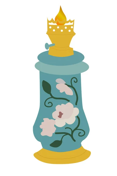 Linterna Aceite Vintage Color Lámpara Queroseno Con Flores Hojas Aislado — Vector de stock