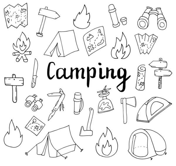 Éléments de camping et de randonnée dessinés à la main, isolés sur fond blanc . — Image vectorielle