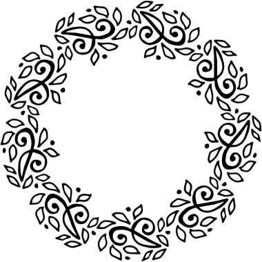 siyah ve beyaz vektör çerçevesi rustik tarzda. Dalların çelengi. Minimalizm, basitlik. Beyazda izole edilmiş. Düğün davetiyesi şablonu tasarımı için çiçekli kır çelengi. Botanik