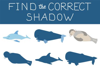 Çocuklar için su altı deniz hayvanları ile gölge eşleştirme oyununun vektör çizimi.