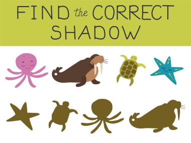 Çocuklar için su altı deniz hayvanları ile gölge eşleştirme oyununun vektör çizimi.