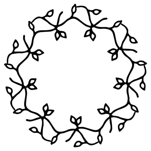 Schwarz-weißer Vektorrahmen im rustikalen Stil. Kranz aus Zweigen — Stockvektor