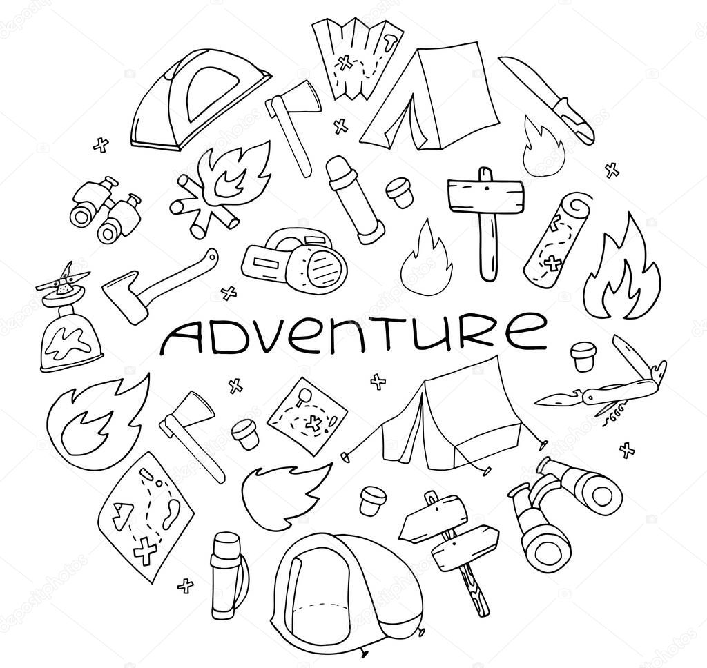 Hand drawn camping and hiking elements, isolated on white background. Lettering Adventure Cute background with lettering full of icons perfect for summer camp flyers and posters. Outlined vector illustration.
