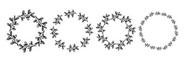 Çiçek elementli 4 kare. Taşralı. El çizimi basit bir çizgi. Siyah vuruş. 