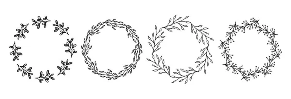 Set Marcos Con Elementos Florales Rústico Línea Simple Dibujada Mano — Vector de stock