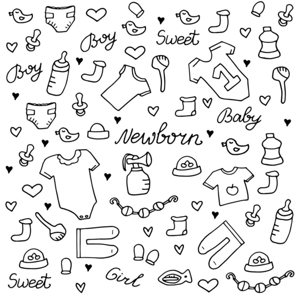 Baby Pasgeboren Handgetekende Doodle Set Onesie Fopspeen Ratel Vector Illustratie — Stockvector