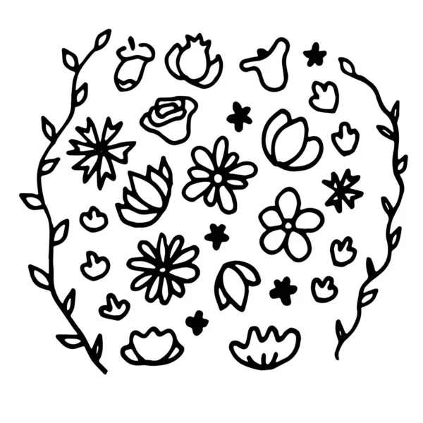 Éléments floraux, fleurs, feuillage et feuilles. Eléments vintage vectoriels esquissés à la main, style doodle . — Image vectorielle