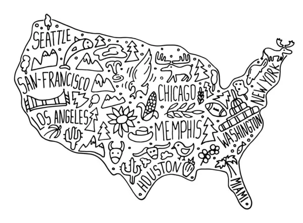 Mappa Usa Scarabocchiata Disegnata Mano Nomi Città Americane Lettering Cartoni — Vettoriale Stock