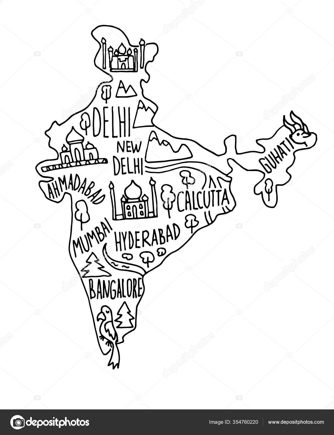 Hand drawn doodle India map. India city names lettering and cartoon  landmarks, tourist attractions cliparts. Stock Vector Image by ©Betty1994  #354760220