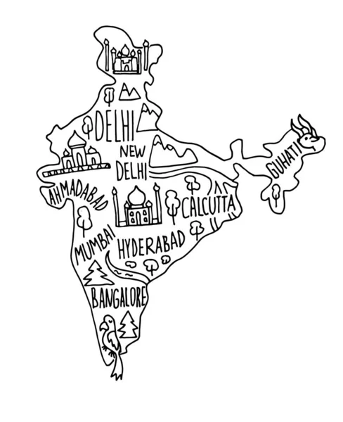El çizimi Hindistan haritası. Hindistan şehir isimleri harf ve çizgi film simgeleri, turistik yerler zirveye çıkıyor. — Stok Vektör