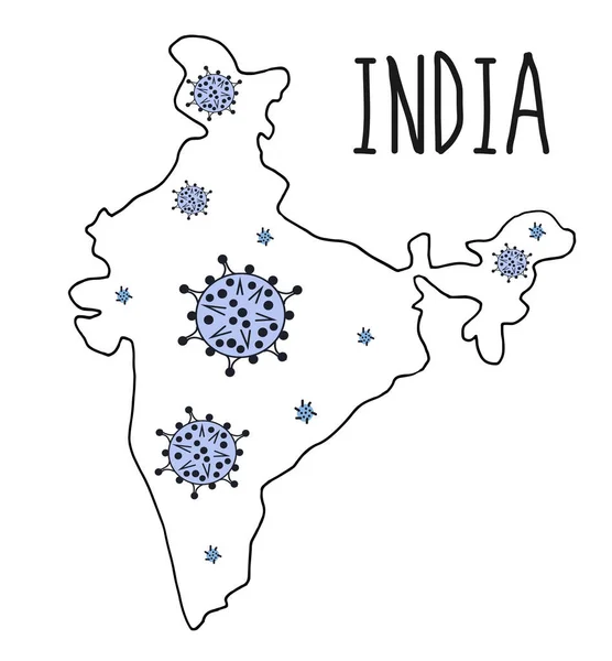 用手绘有邦名字母的印度黑色等高线图。手绘加拿大地图，上面有考罗纳威斯。在它的领土上有巨大的病毒和小病毒。黑色中风。2019-nCoV Novel — 图库矢量图片
