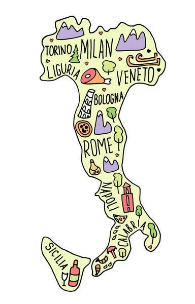 Carte Italie Dessinée Main Città Italiana Lettering Cartoon Landmarks Tourist — Image vectorielle