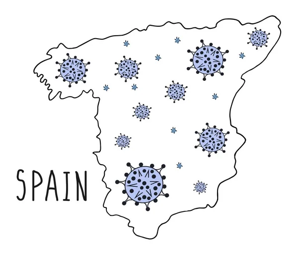 スペインの黒い輪郭地図 手描きのドアマップ スペイン領の地図をコロナウイルスで描いた 大きくて小さなウイルスはカナダの領土にあります 黒い脳卒中 2019 Ncv小説コロナウイルス菌 ベクター医療用イラスト — ストックベクタ