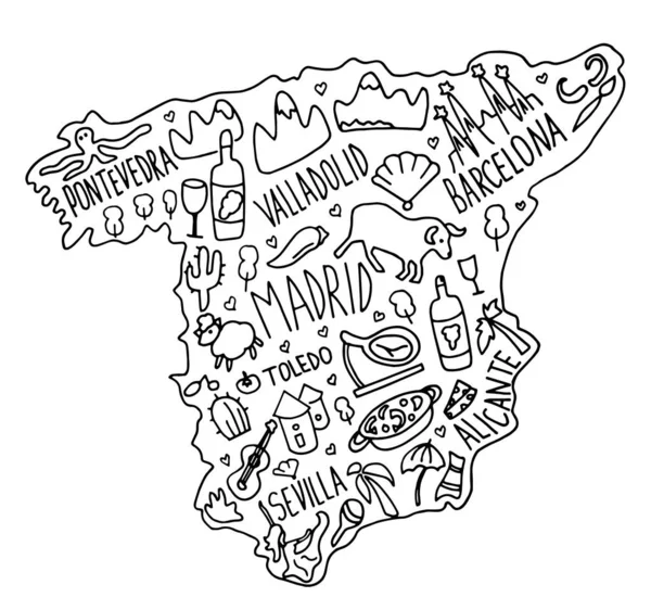 Handritad Klotter Spanien Karta Spanska Stadsnamn Bokstäver Och Tecknade Landmärken — Stock vektor