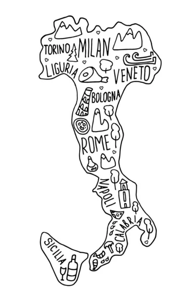 Carte Italie Tirée Main Città Italiana Lettering Cartoon Landmarks Tourist — Image vectorielle