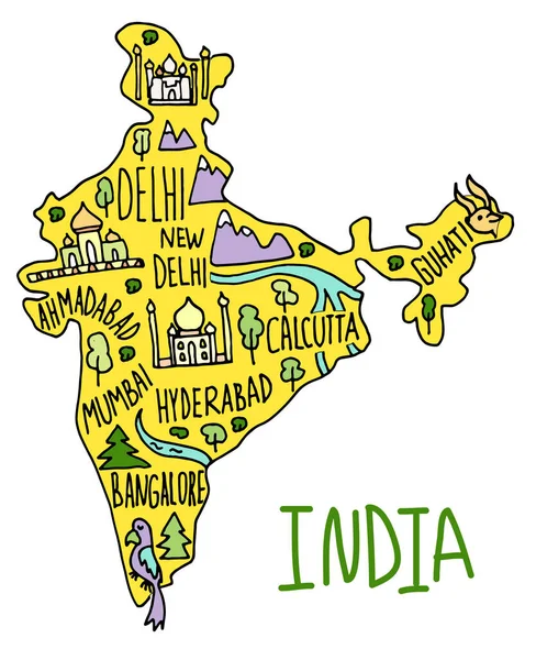 Renkli El çizimi Hindistan haritası. Hindistan şehir isimleri harf ve çizgi film simgeleri, turistik yerler zirveye çıkıyor. — Stok Vektör