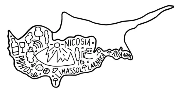 Kézzel rajzolt firka Ciprus térképe. városnevek betűk és rajzfilmfigurák, — Stock Vector
