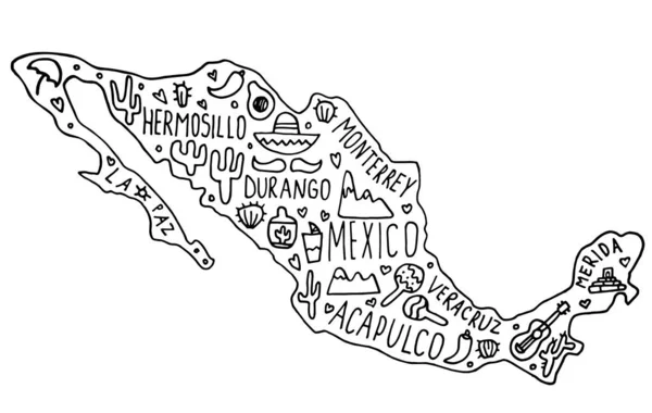 Hand Drawn Doodle Mexico Map Mexican City Names Lettering Cartoon — Stock Vector