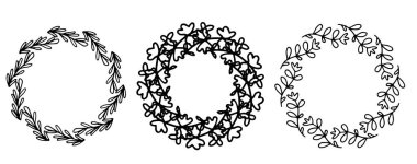 Çiçek elementli çerçeveler. Taşralı. El çizimi basit bir çizgi. Siyah felç. Beyaz arka planda izole edilmiş. Zarif ve asil. Düğün tasarımı için en iyisi. Davetiye. Uzayı kopyala vektör illüstrasyonu