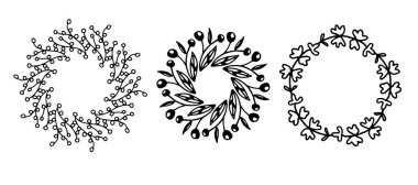 Çiçek elementli çerçeveler. Taşralı. El çizimi basit bir çizgi. Siyah felç. Beyaz arka planda izole edilmiş. Zarif ve asil. Düğün tasarımı için en iyisi. Davetiye. Uzayı kopyala vektör illüstrasyonu