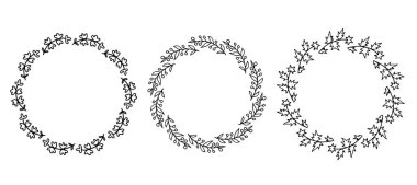 Çiçek elementli çerçeveler. Taşralı. El çizimi basit bir çizgi. Siyah felç. Beyaz arka planda izole edilmiş. Zarif ve asil. Düğün tasarımı için en iyisi. Davetiye. Uzayı kopyala vektör illüstrasyonu