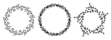 Çiçek elementli çerçeveler. Taşralı. El çizimi basit bir çizgi. Siyah felç. Beyaz arka planda izole edilmiş. Zarif ve asil. Düğün tasarımı için en iyisi. Davetiye. Uzayı kopyala vektör illüstrasyonu